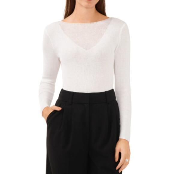 New ~ HALOGEN ~ Sheer Illusion Neck Rib Sweater Size S VISCOSE - Picture 1 of 9